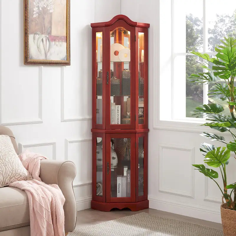 Vitrine d'angle éclairée avec portes, étagères en verre trempé et poignées sculptées