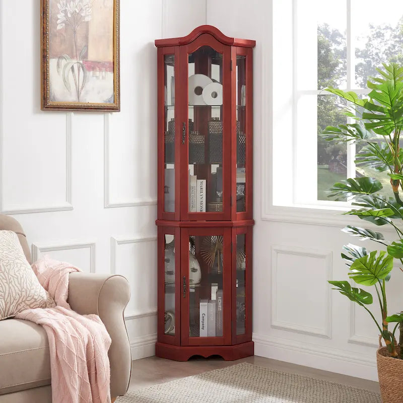 Vitrine d'angle éclairée avec portes, étagères en verre trempé et poignées sculptées