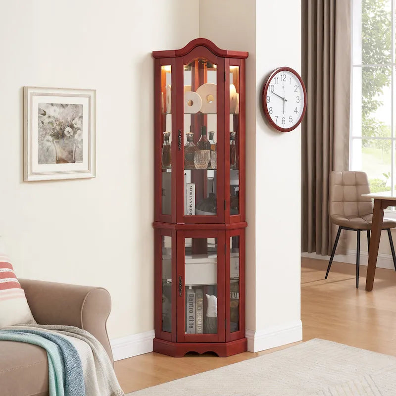 Vitrine d'angle éclairée avec portes, étagères en verre trempé et poignées sculptées
