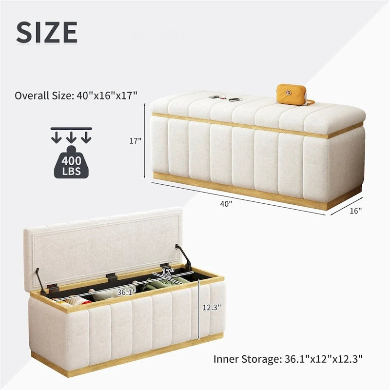 Banc de rangement moderne en tissu de lin avec base en chêne blanc et rangement dissimulé