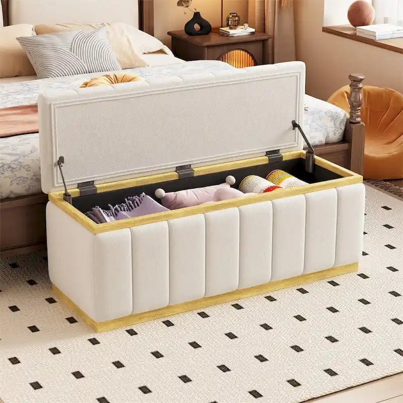 Banc de rangement moderne en tissu de lin avec base en chêne blanc et rangement dissimulé