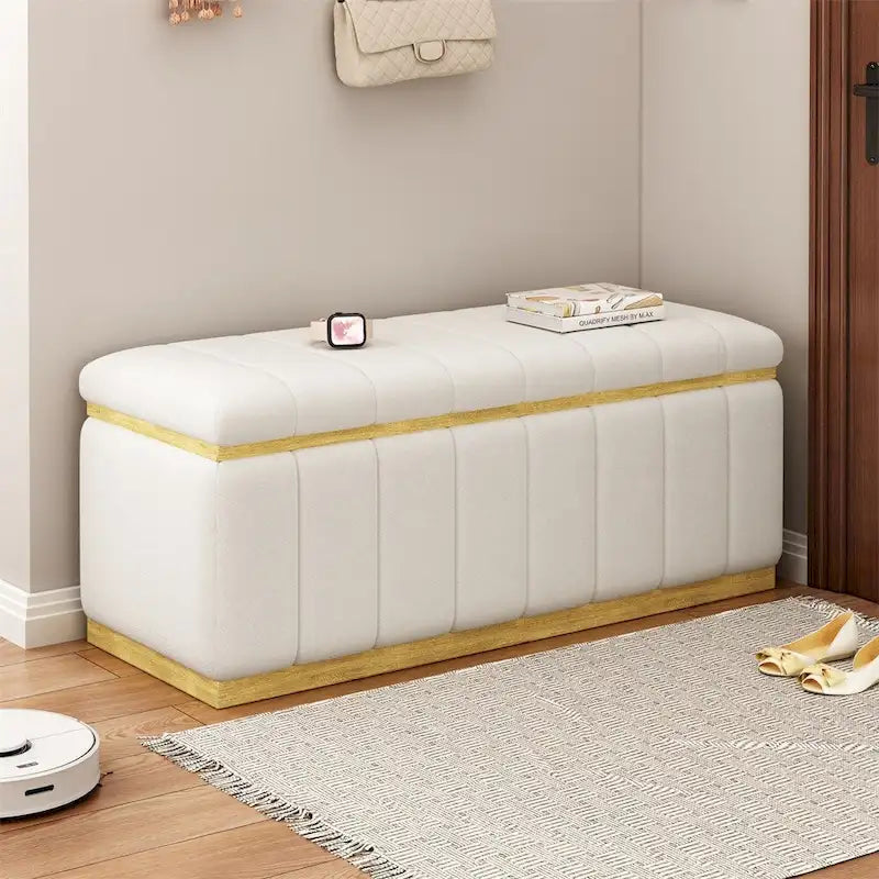 Banc de rangement moderne en tissu de lin avec base en chêne blanc et rangement dissimulé
