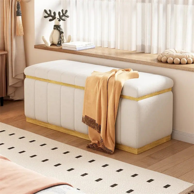 Banc de rangement moderne en tissu de lin avec base en chêne blanc et rangement dissimulé