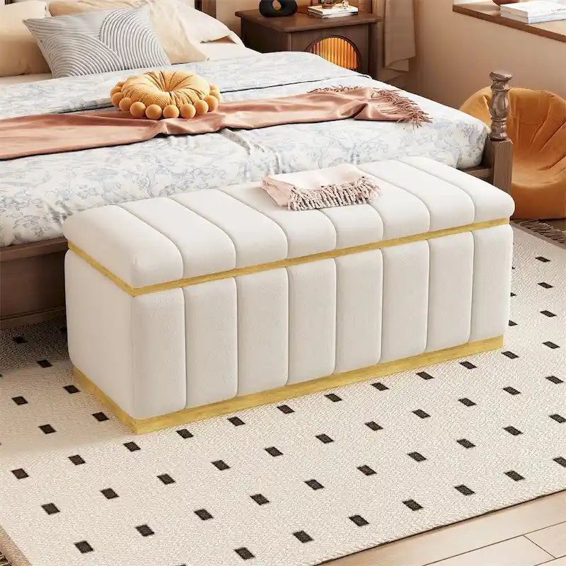 Banc de rangement moderne en tissu de lin avec base en chêne blanc et rangement dissimulé