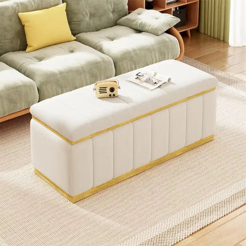 Banc de rangement moderne en tissu de lin avec base en chêne blanc et rangement dissimulé