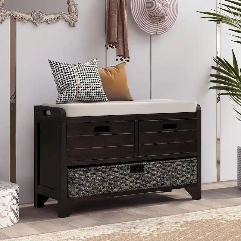 Banc de rangement de ferme rembourré de 32 po avec 2 tiroirs et panier amovible