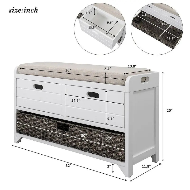 Banc de rangement de ferme rembourré de 32 po avec 2 tiroirs et panier amovible