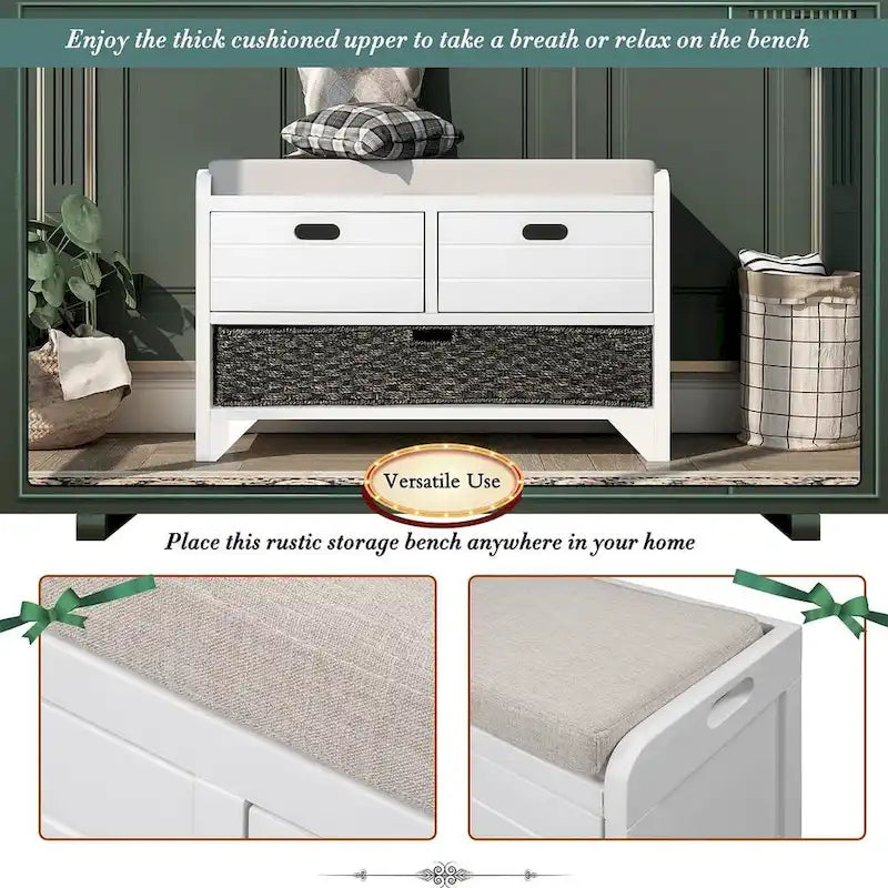 Banc de rangement de ferme rembourré de 32 po avec 2 tiroirs et panier amovible