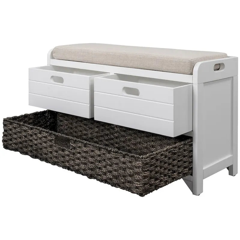 Banc de rangement de ferme rembourré de 32 po avec 2 tiroirs et panier amovible