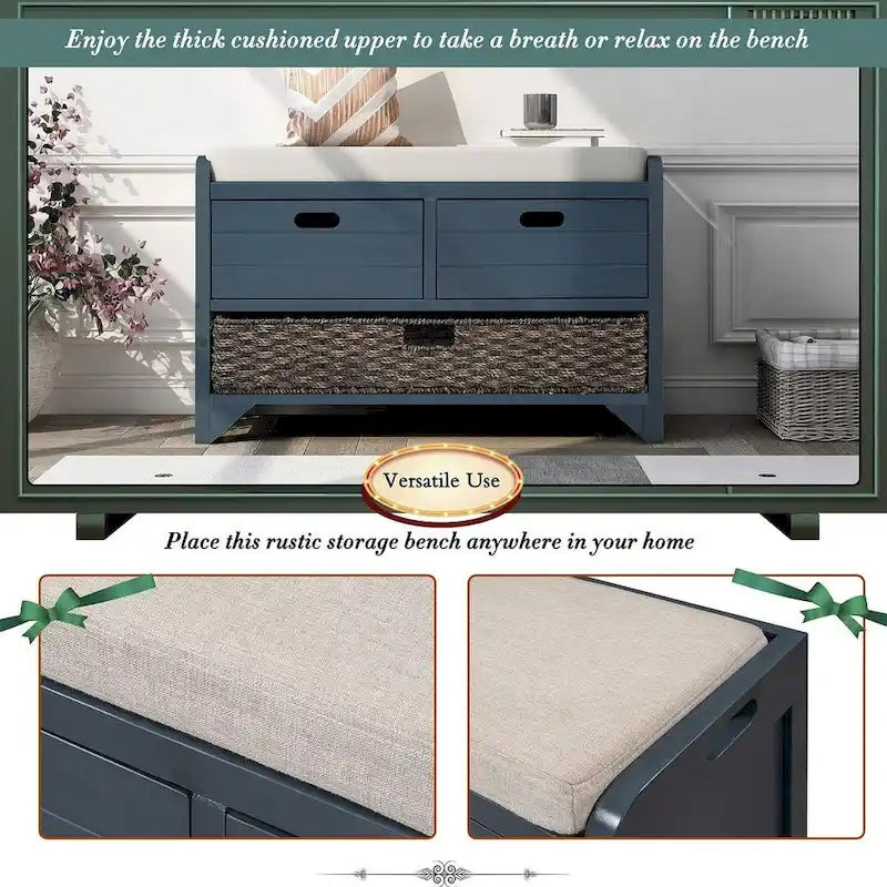 Banc de rangement de ferme rembourré de 32 po avec 2 tiroirs et panier amovible