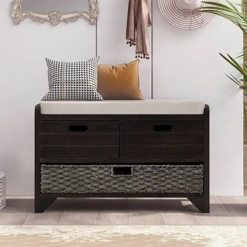Banc de rangement de ferme rembourré de 32 po avec 2 tiroirs et panier amovible