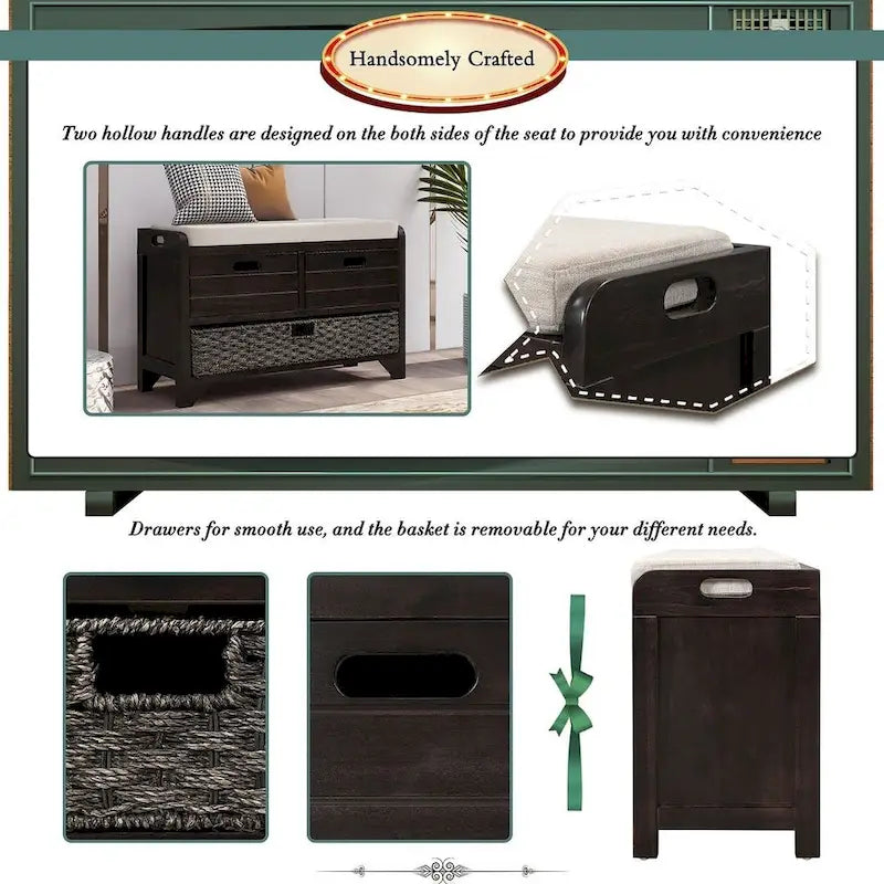 Banc de rangement de ferme rembourré de 32 po avec 2 tiroirs et panier amovible