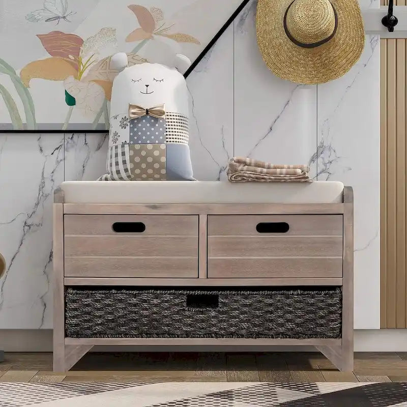 Banc de rangement de ferme rembourré de 32 po avec 2 tiroirs et panier amovible