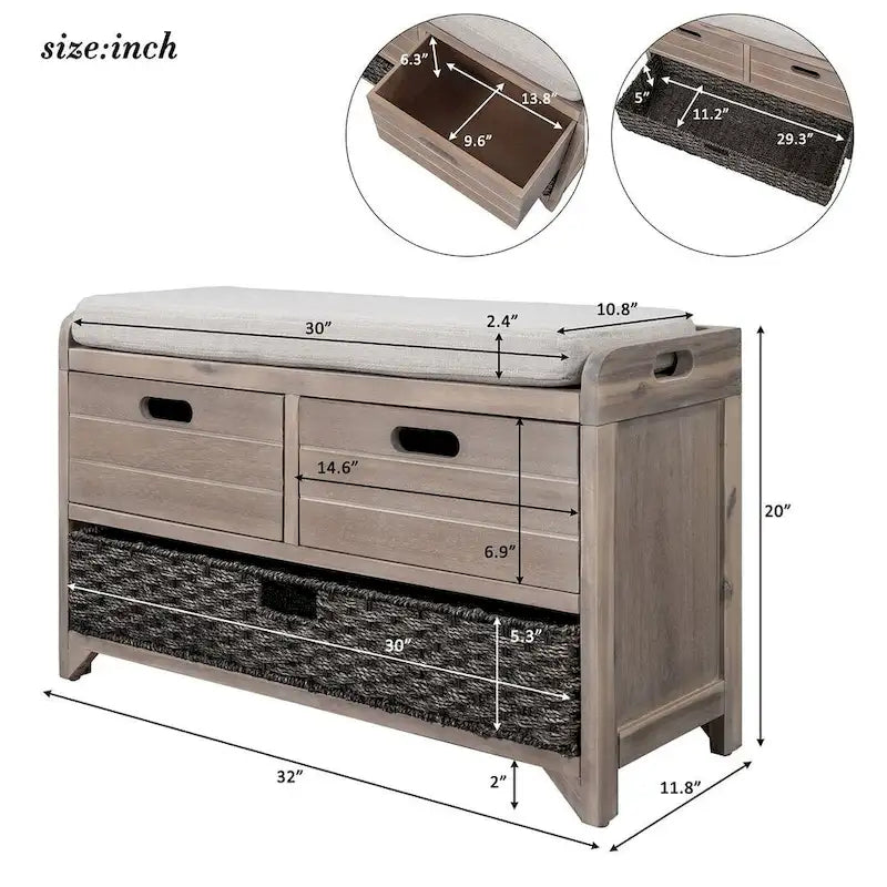 Banc de rangement de ferme rembourré de 32 po avec 2 tiroirs et panier amovible