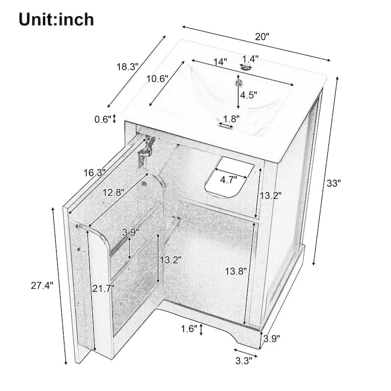 Meuble-lavabo de salle de bain 20 po avec évier en céramique et porte à fermeture amortie