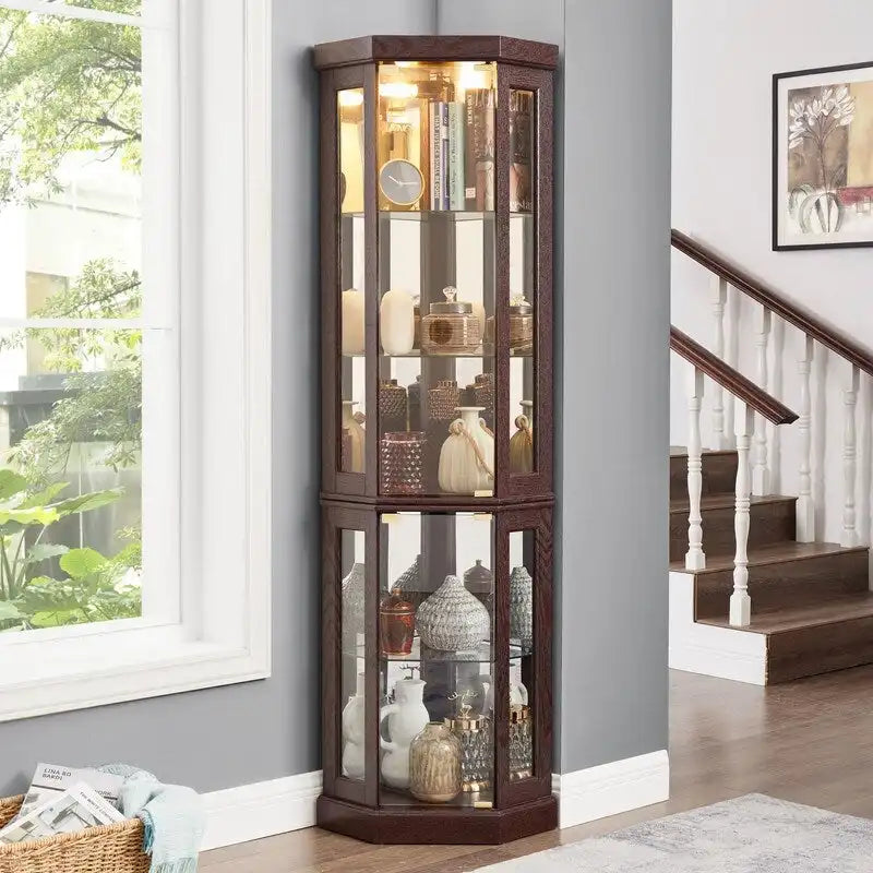 Vitrine d'angle avec éclairage intégré pour objets de collection et verrerie