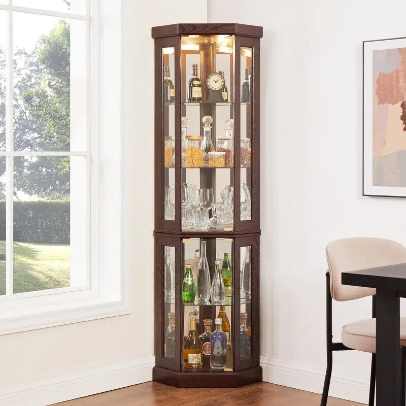 Vitrine d'angle avec éclairage intégré pour objets de collection et verrerie