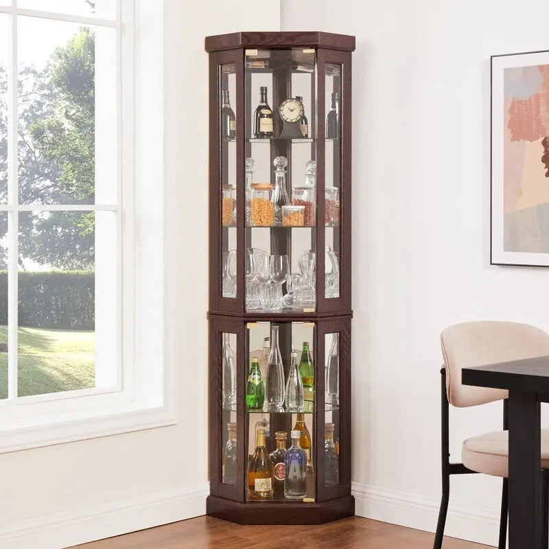 Vitrine d'angle avec éclairage intégré pour objets de collection et verrerie