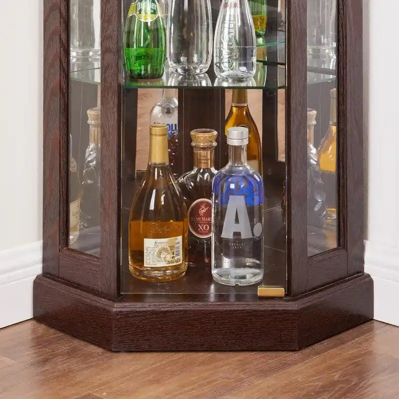 Vitrine d'angle avec éclairage intégré pour objets de collection et verrerie