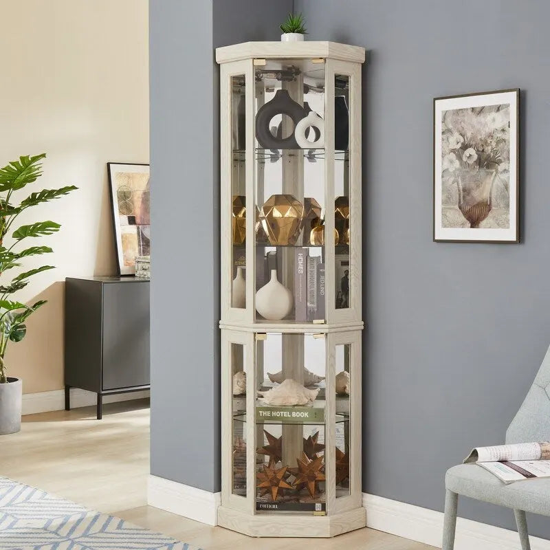 Vitrine d'angle avec éclairage intégré pour objets de collection et verrerie