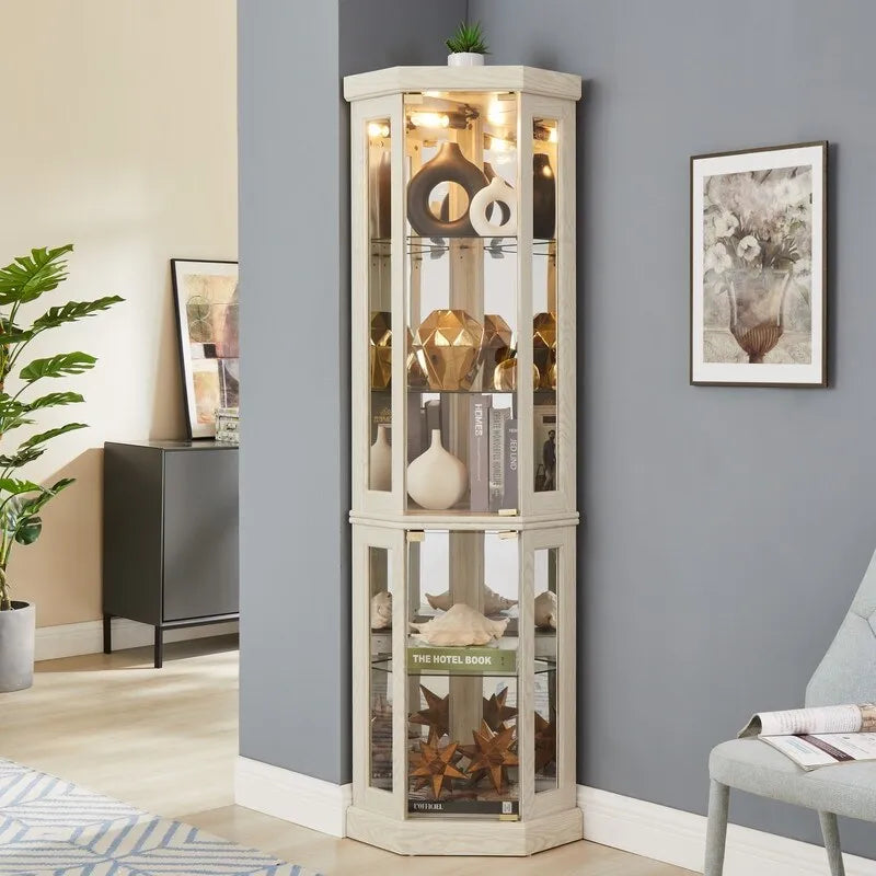 Vitrine d'angle avec éclairage intégré pour objets de collection et verrerie