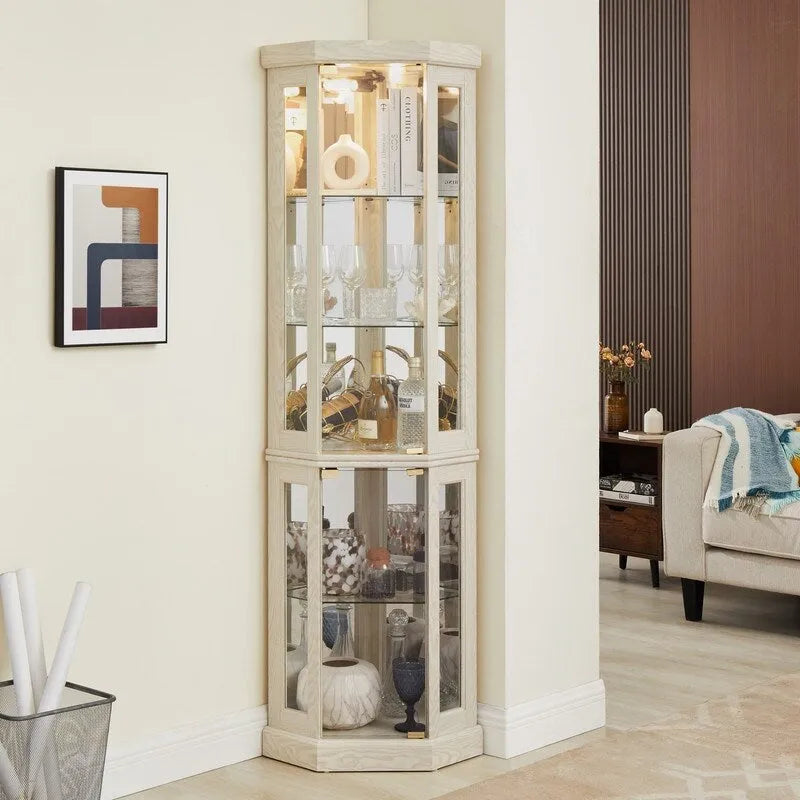 Vitrine d'angle avec éclairage intégré pour objets de collection et verrerie