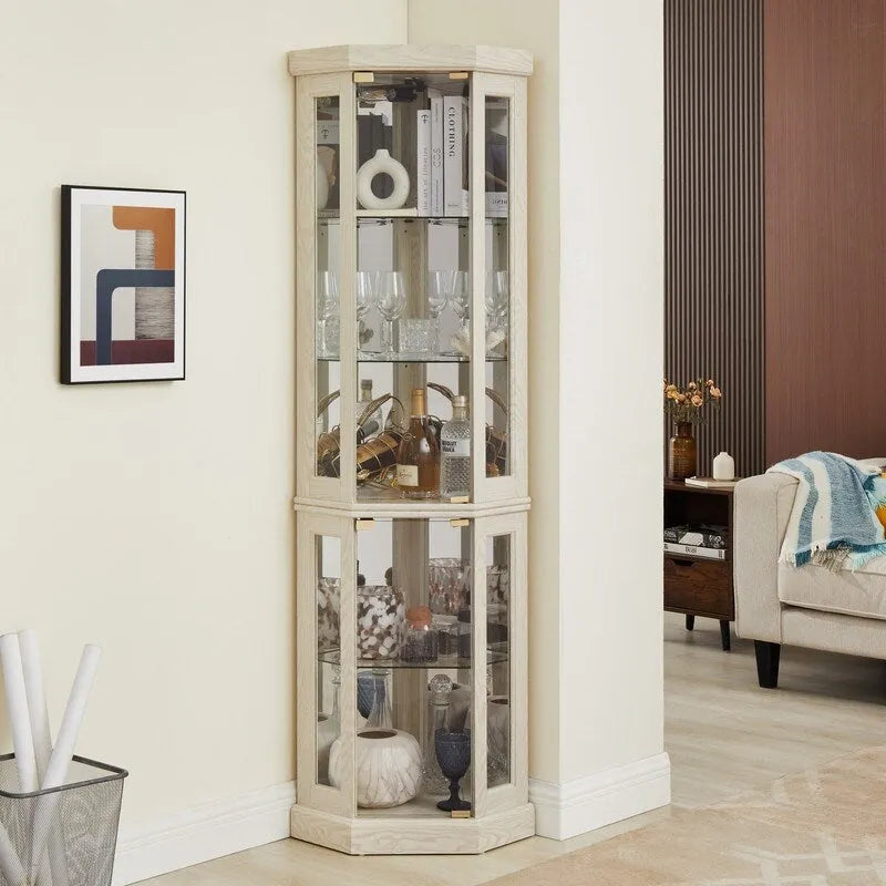 Vitrine d'angle avec éclairage intégré pour objets de collection et verrerie