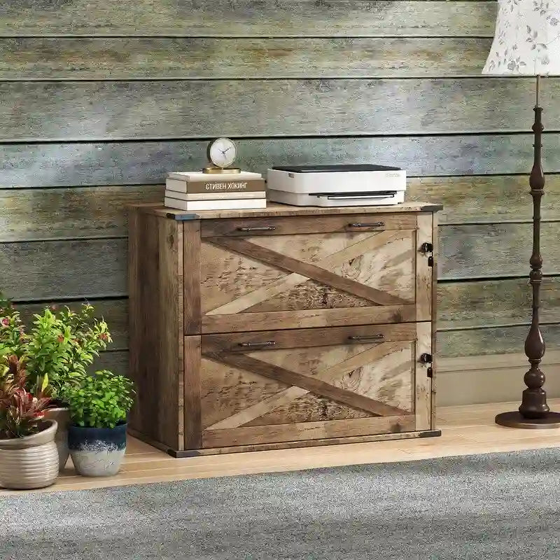 Meuble bas en bois avec 2 tiroirs verrouillables et porte coulissante — 65,5 cm H