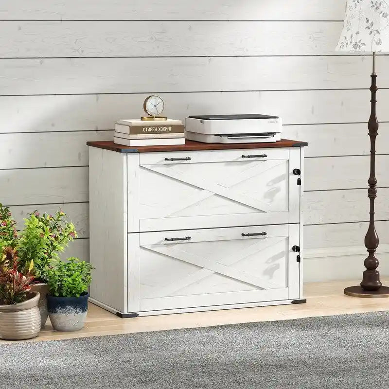 Meuble bas en bois avec 2 tiroirs verrouillables et porte coulissante — 65,5 cm H