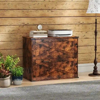 Meuble bas en bois avec 2 tiroirs verrouillables et porte coulissante — 65,5 cm H