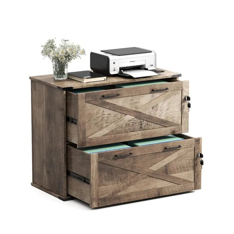 Meuble bas en bois avec 2 tiroirs verrouillables et porte coulissante — 65,5 cm H