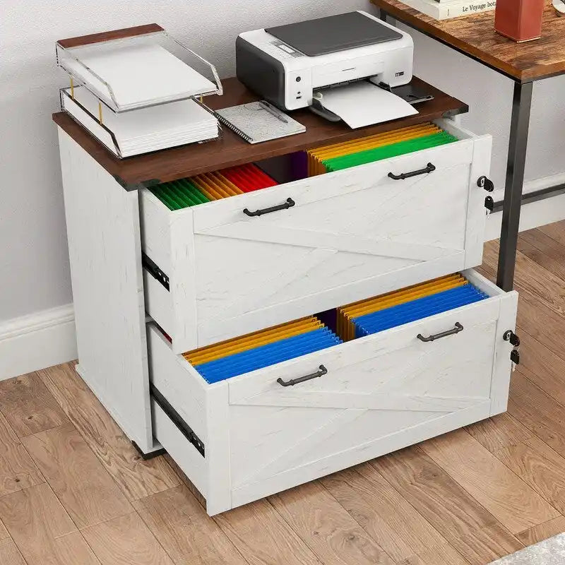 Meuble bas en bois avec 2 tiroirs verrouillables et porte coulissante — 65,5 cm H
