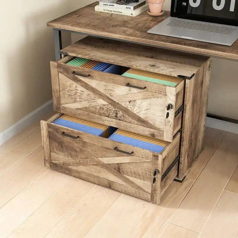 Meuble bas en bois avec 2 tiroirs verrouillables et porte coulissante — 65,5 cm H