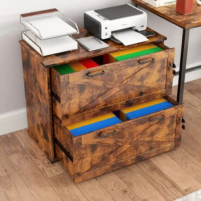 Meuble bas en bois avec 2 tiroirs verrouillables et porte coulissante — 65,5 cm H