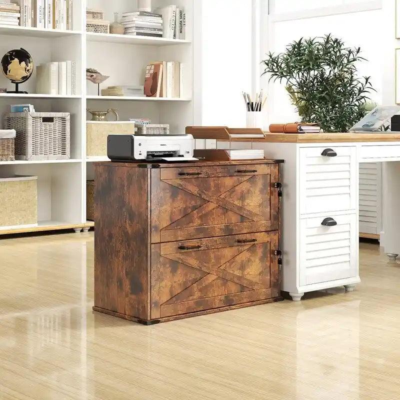 Meuble bas en bois avec 2 tiroirs verrouillables et porte coulissante — 65,5 cm H