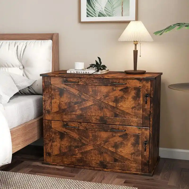 Meuble bas en bois avec 2 tiroirs verrouillables et porte coulissante — 65,5 cm H