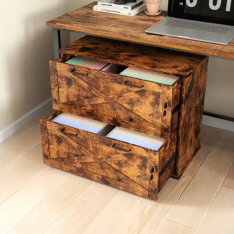 Meuble bas en bois avec 2 tiroirs verrouillables et porte coulissante — 65,5 cm H