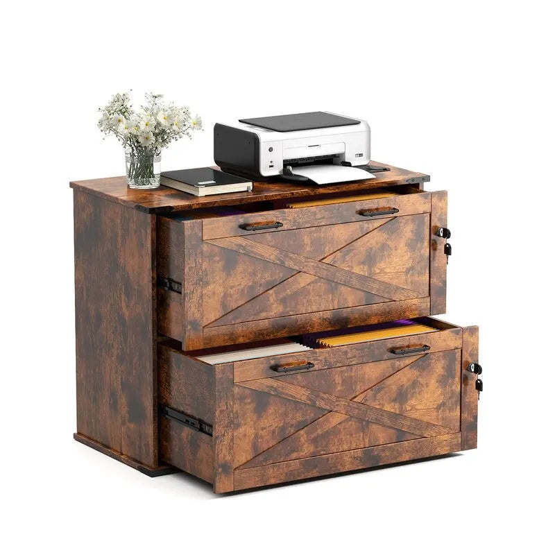 Meuble bas en bois avec 2 tiroirs verrouillables et porte coulissante — 65,5 cm H