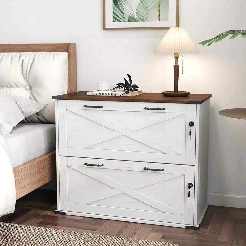 Meuble bas en bois avec 2 tiroirs verrouillables et porte coulissante — 65,5 cm H