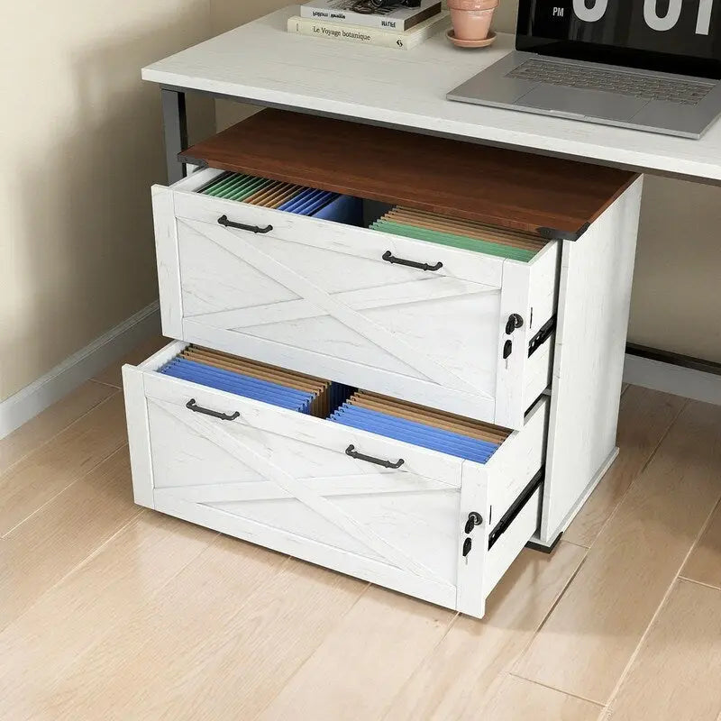 Meuble bas en bois avec 2 tiroirs verrouillables et porte coulissante — 65,5 cm H