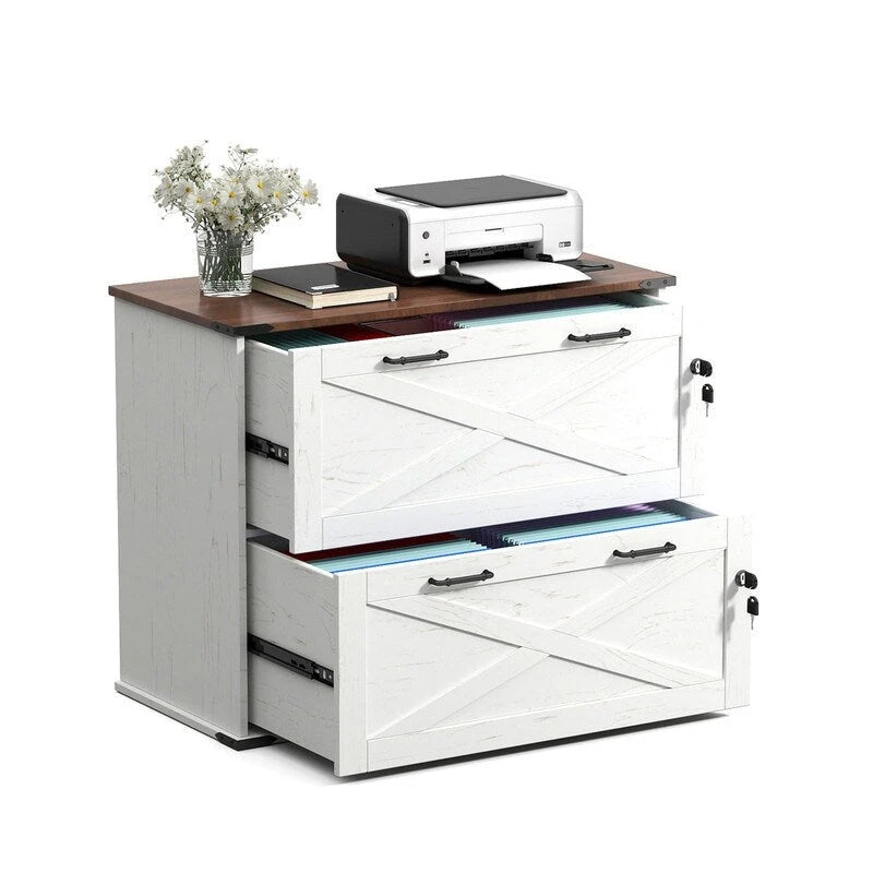 Meuble bas en bois avec 2 tiroirs verrouillables et porte coulissante — 65,5 cm H