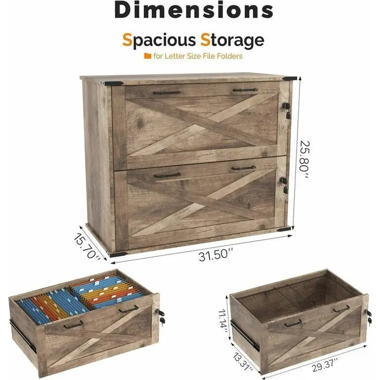 Meuble bas en bois avec 2 tiroirs verrouillables et porte coulissante — 65,5 cm H