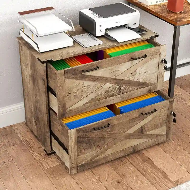 Meuble bas en bois avec 2 tiroirs verrouillables et porte coulissante — 65,5 cm H