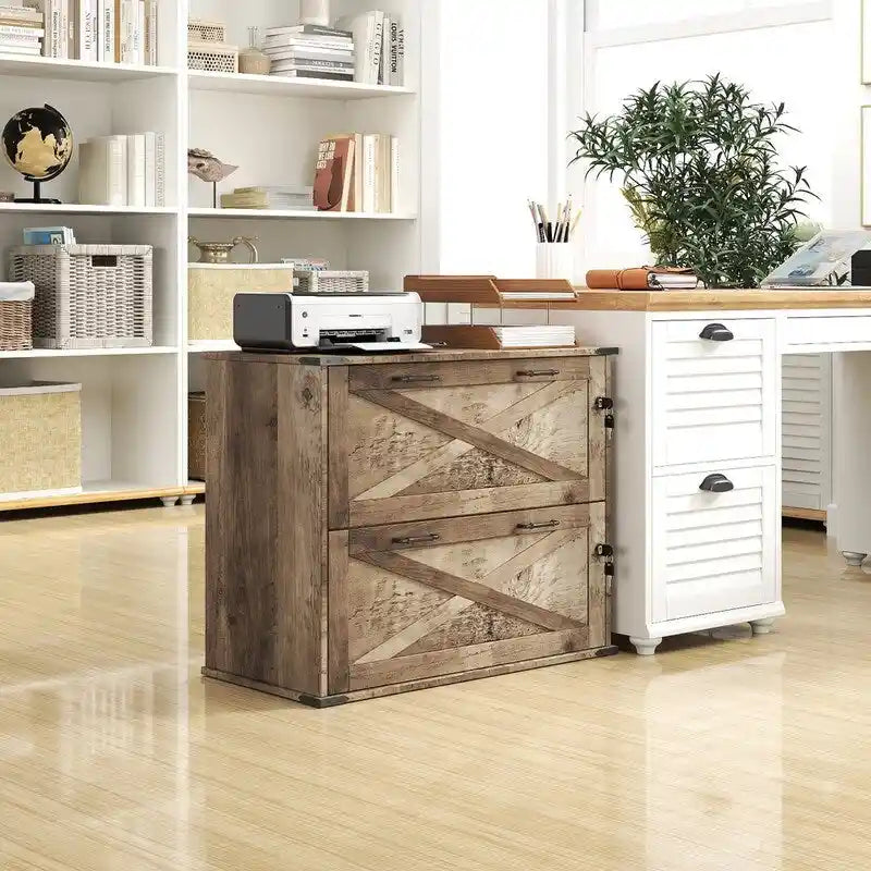 Meuble bas en bois avec 2 tiroirs verrouillables et porte coulissante — 65,5 cm H