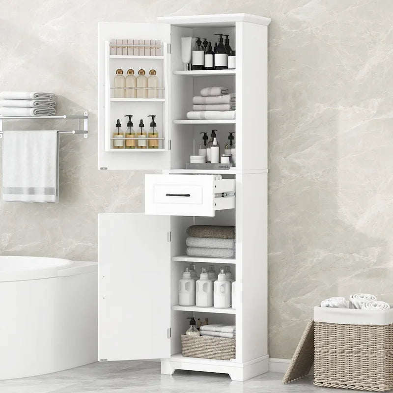 Meuble de salle de bain autoportant avec 4 étagères réglables, 2 portes et 1 tiroir