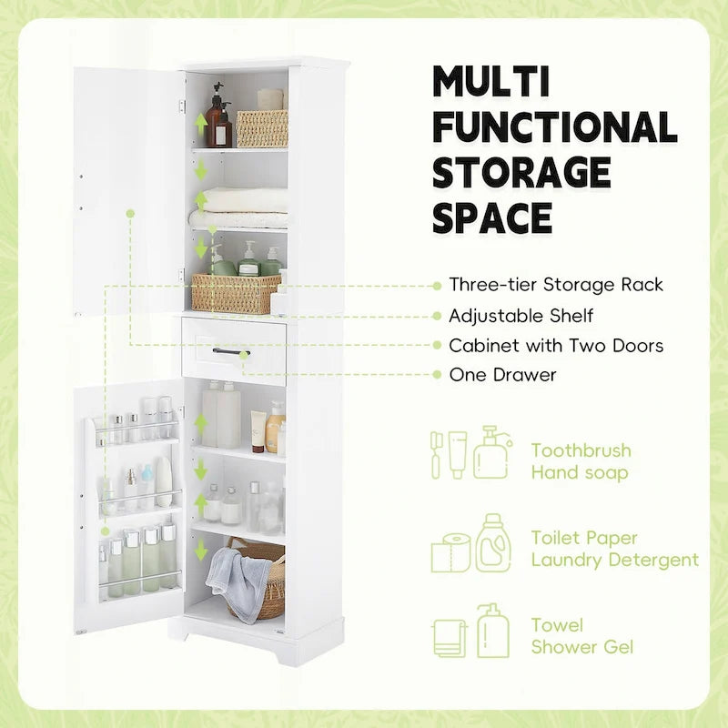 Meuble de salle de bain autoportant avec 4 étagères réglables, 2 portes et 1 tiroir