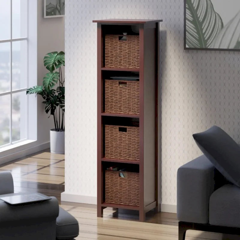 Étagère de rangement 5 pièces avec 4 paniers pliables en corde tressée — Noyer brun, 142 cm H