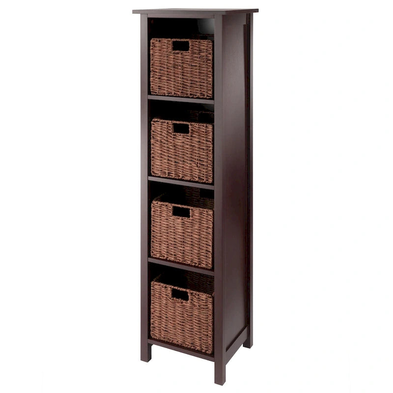 Étagère de rangement 5 pièces avec 4 paniers pliables en corde tressée — Noyer brun, 142 cm H