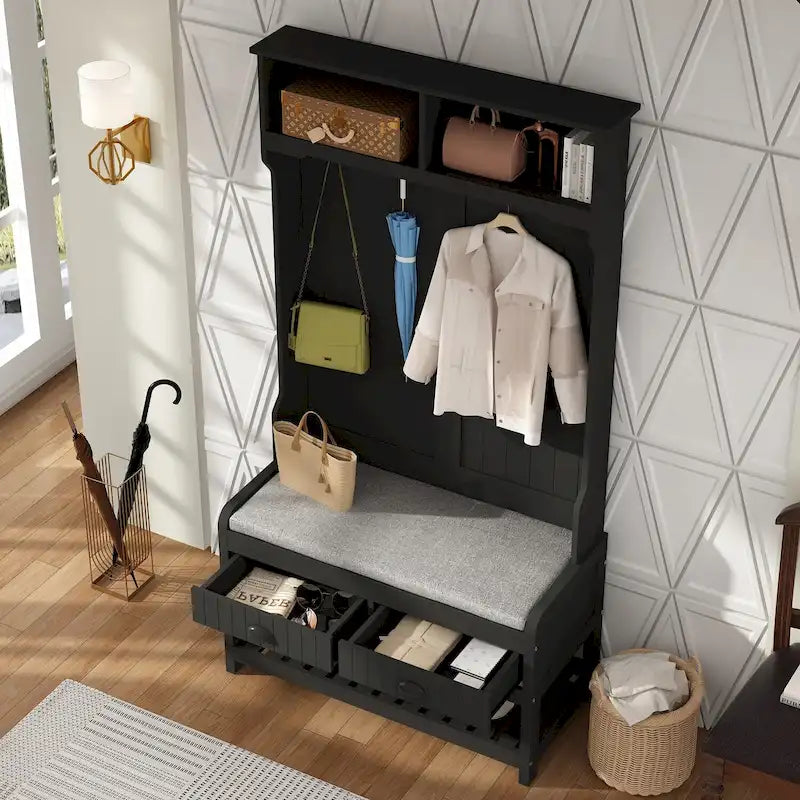 Meuble d'entrée avec banc, rangement à chaussures, coussin et compartiment supérieur — 87,1 cm L × 174 cm H
