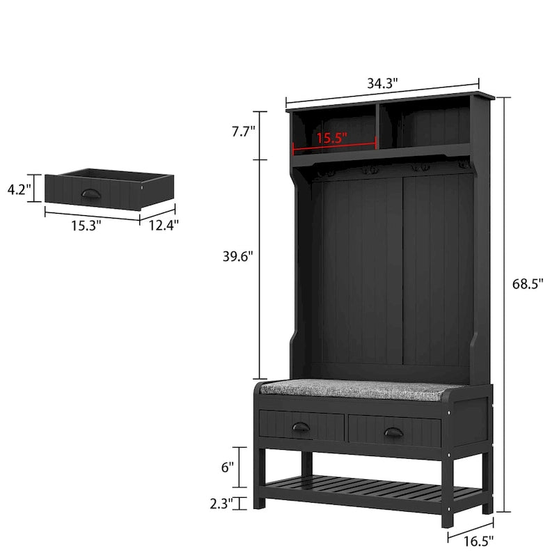 Meuble d'entrée avec banc, rangement à chaussures, coussin et compartiment supérieur — 87,1 cm L × 174 cm H